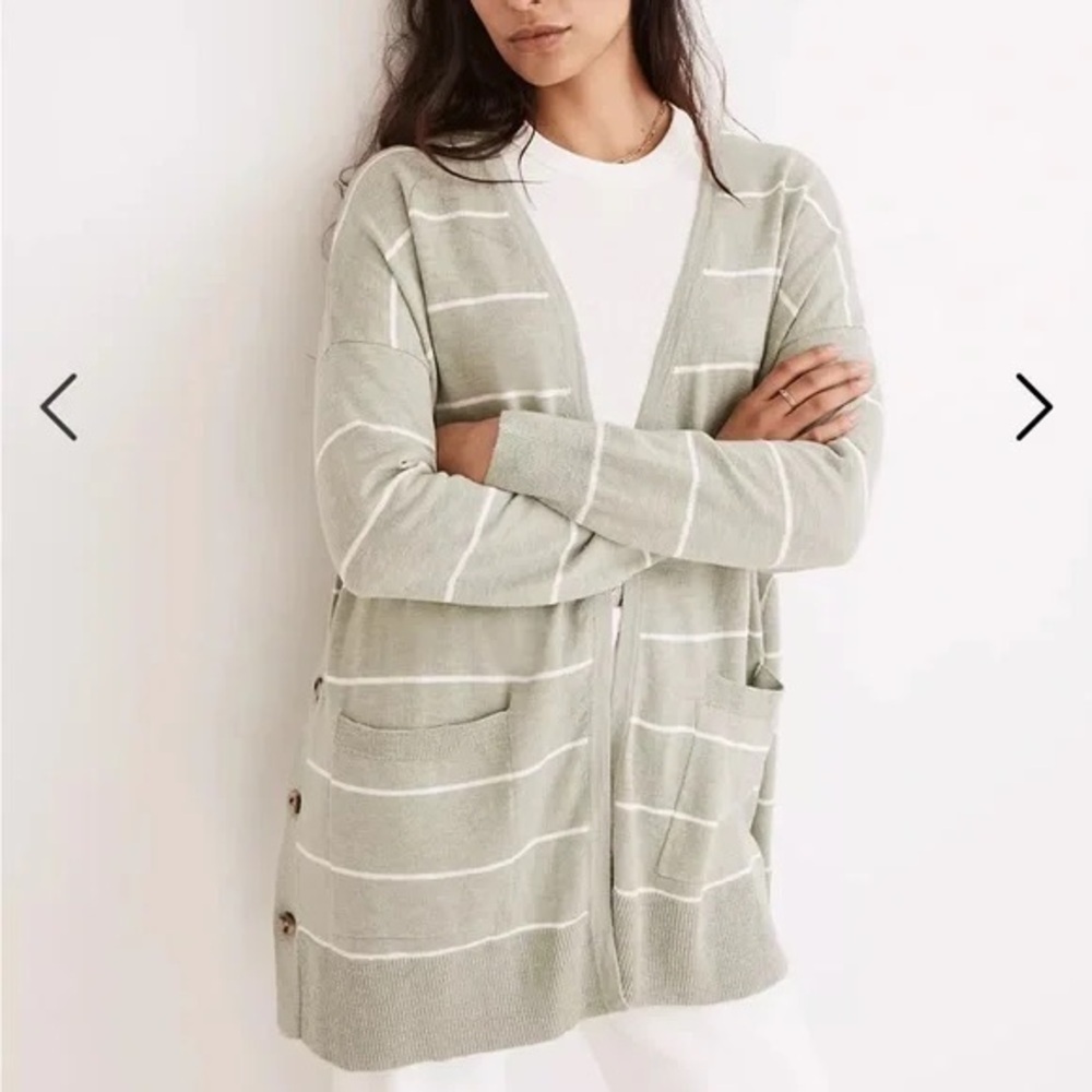 Madewell Striped Marlton Side-Button Cardigan Sweater in Frosted Sage